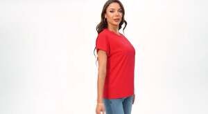 Rosestand Women's Red Crewneck Casual Short Sleeve T-Shirt with Rolled Cuffs